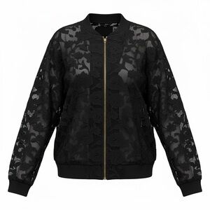 KORI America Black Sheer Floral Lace Bomber Jacket Gold Zip Size L